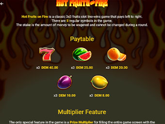 Таблица выплат Hot Fruits on Fire